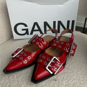 Ganni Red Buckle Strap Women's Shoes